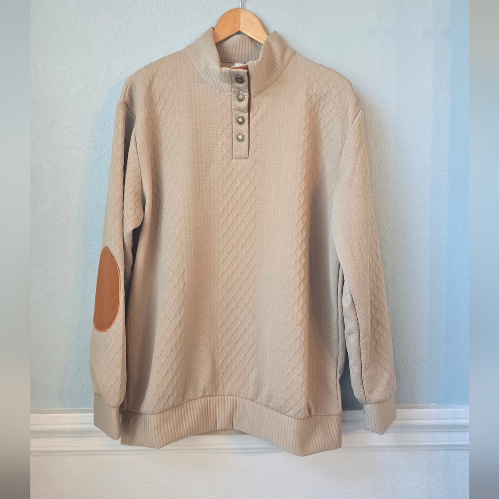 NWOT Men's Tan Crewneck Sweater with Elbow Patches